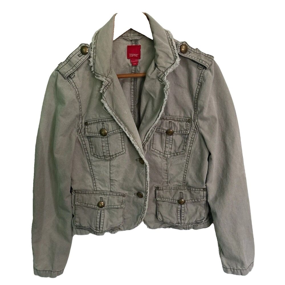 Esprit Womens Utility Jacket Size 14 Khaki Cropped Y2K Military Style